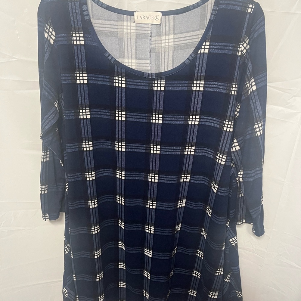 LARACE Navy and White Plaid Tunic Top
